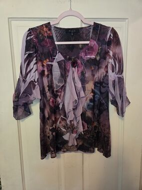 B.L.E.U. Women's Purple Floral Ruffle Blouse
